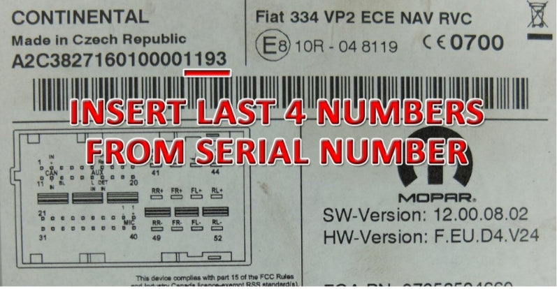 Fiat Continental VP1 VP2 Made in Czech Republic Radio Code Unlock – Enter Serial Number